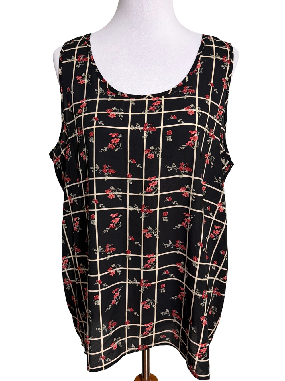 Anthropologie Black Floral Grid Sleeveless Blouse